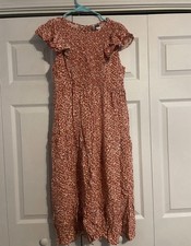 Rust Floral Midi Dress, Smocked, Short Flutter Sleeves, Round Neck