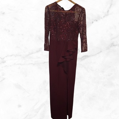 Adrianna Papell Women's Burgundy Sequin Beaded Ruffled Side-Slit Gown Size US 4