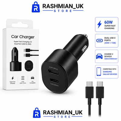 For Samsung 60W Super Fast Charger Dual Car Charger (45W+15W) 2 Port USB-C - Image 1 of 4