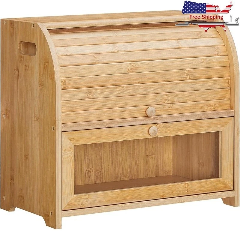 Bamboo Bread Box W/ Acrylic Door Fresh Storage of Baked Goods & Fruits New