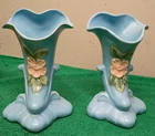 2pc pair! Vintage Weller Art Pottery Blue Cameo Cornucopia Planter Vases