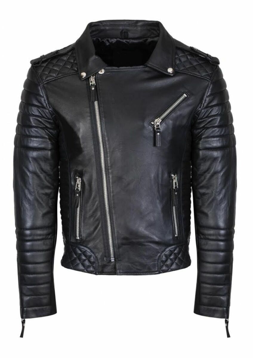 Black Men's Lambskin Jacket Quilted Biker Motorcycle Jacket Nfs