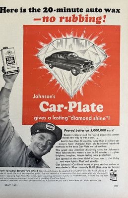 1951 Johnsons Car Plate Auto Wax No Rubbing 20 Minute Diamond Vintage Print Ad