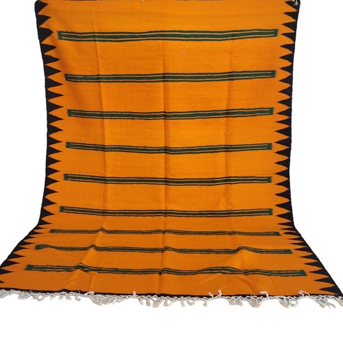 Handmade Moroccan Orange Rug Green Stripe Black Bord Fringe Berber Tribal Carpet