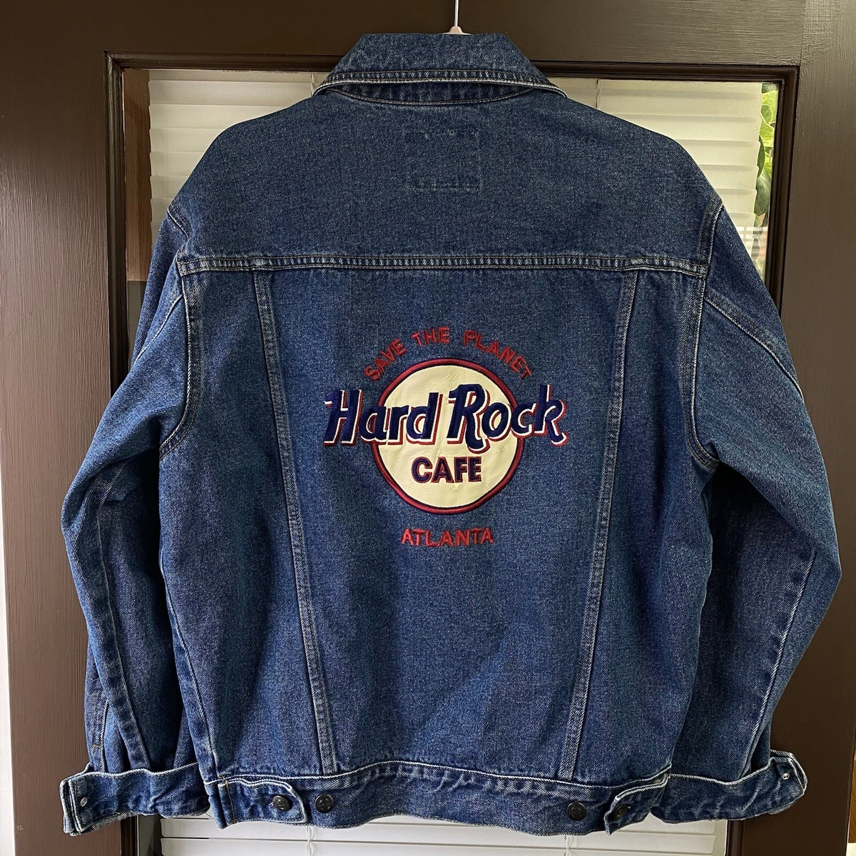 Vintage 90 s Hard Rock Cafe Atlanta Denim Jean Jacket Vtg Small RARE Navy Blue