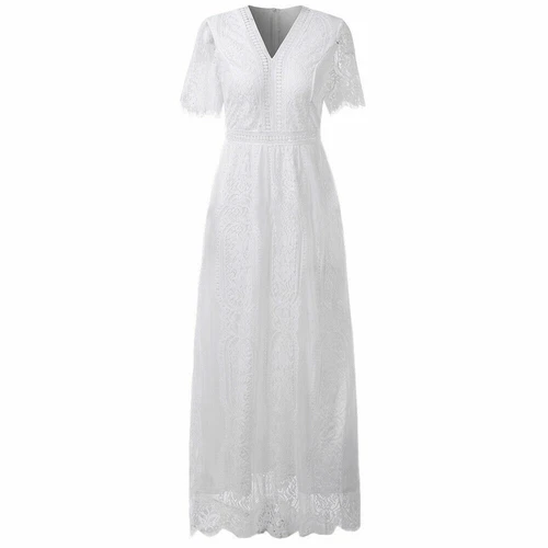 Langes Maxikleid Damen V-Ausschnitt Kurzarm Spitze Party Abend Formell Cocktail - Bild 5 von 9