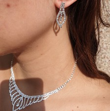 4 Pcs Silver Crystal Bridal Wedding Jewellery Set Choker Necklace Earrings Ring