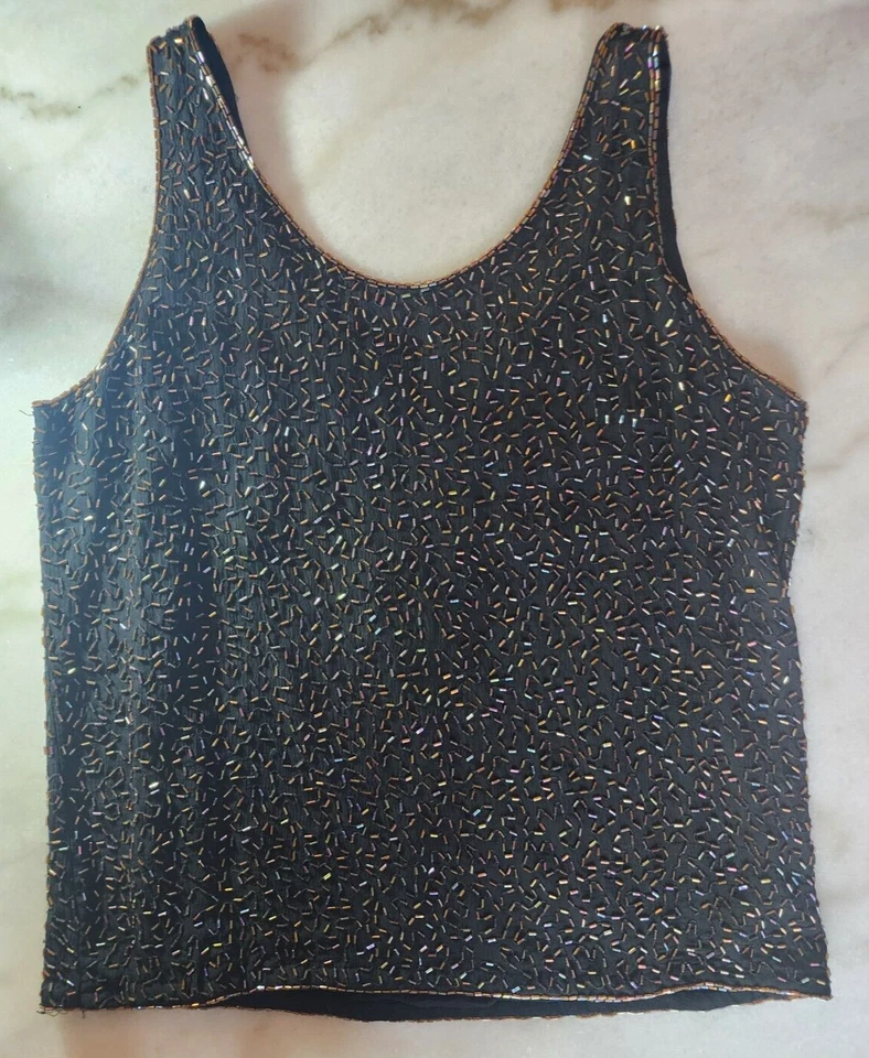 Camiseta sin mangas fluida vintage Judith Anne Creations pequeña 100 % seda negra y dorada con cuentas Foto 2 de 4