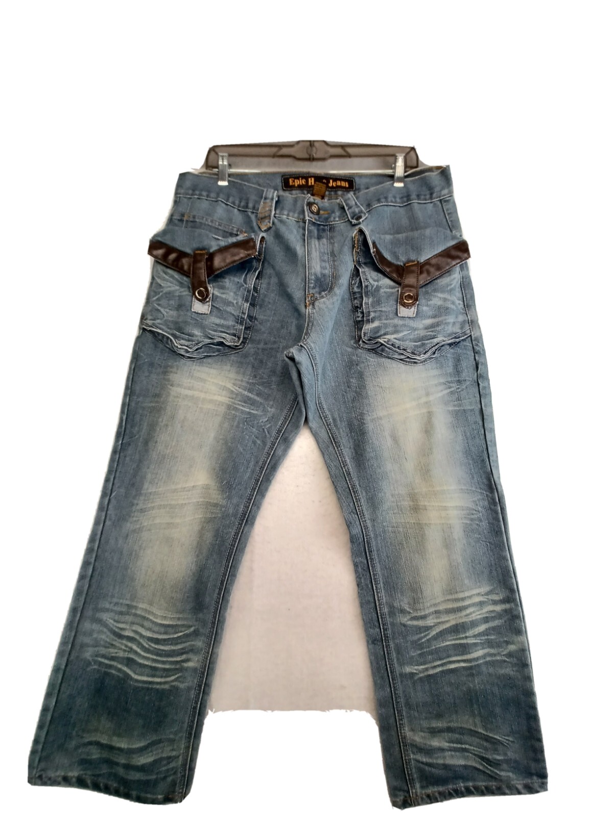 's W 36 L 30 Blue Distressed Leather Trim Straight