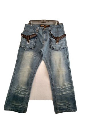 Epic Hero Jeans Men's W 36 L 30 Blue Distressed Leather Trim Straight
