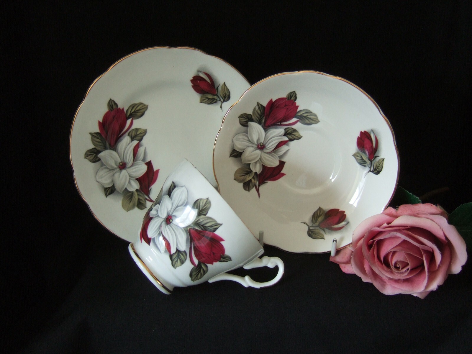 Vintage Harrowby Bone China Red & White Flowers Design Trio Teacup