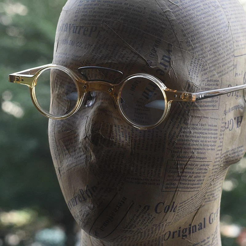 Men's vintage solid acetate eyeglasses yellow crystal round glasses arts eyewear - Image 2 of 4