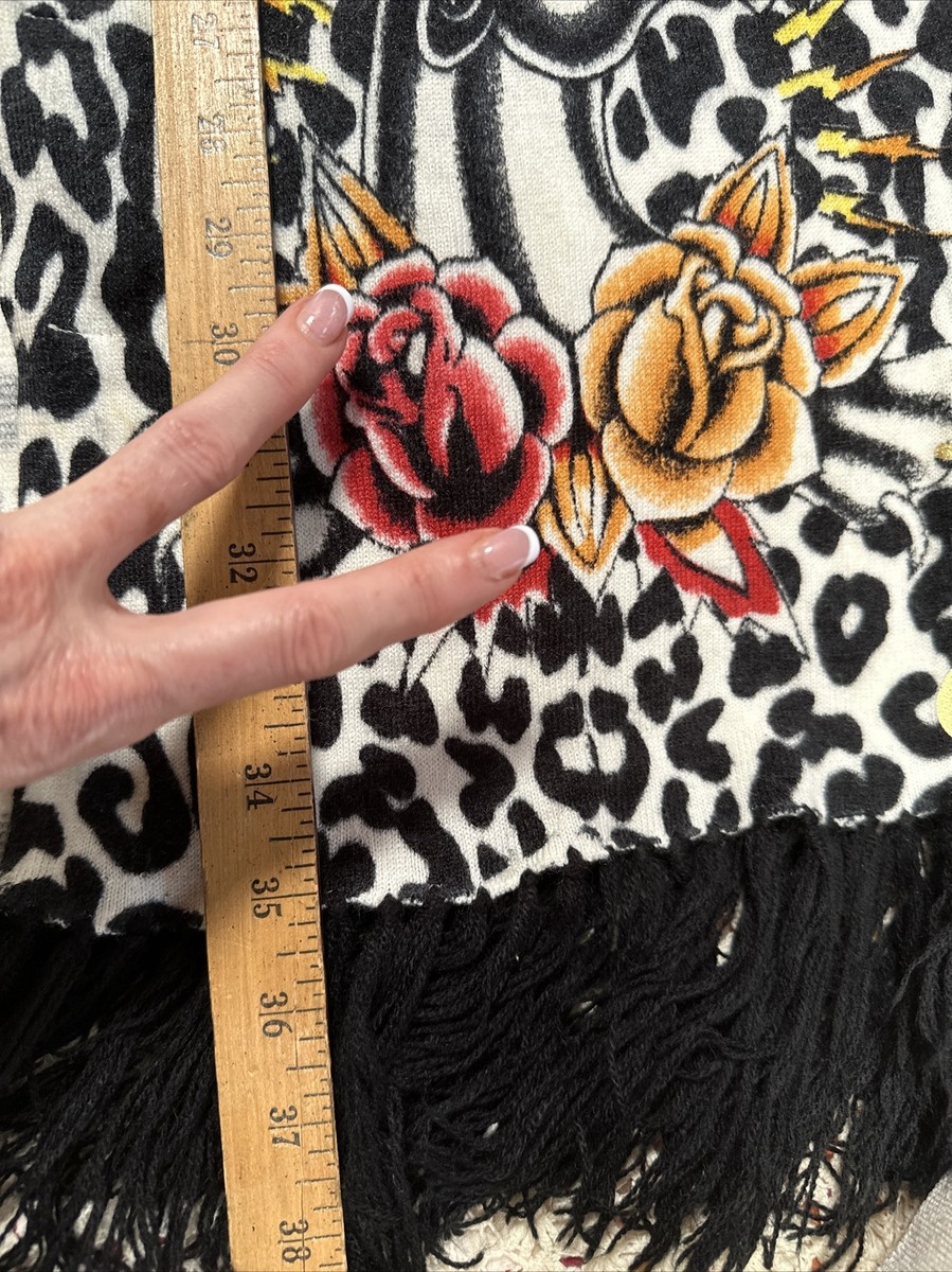 Vinrage Y2K Ed Hardy Scarf Floral Black Panther Roses 70 Inches