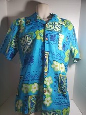 Islander Brand Hawaiian Shirt Blue Green Lightweight Polyester Shirt Size Large
