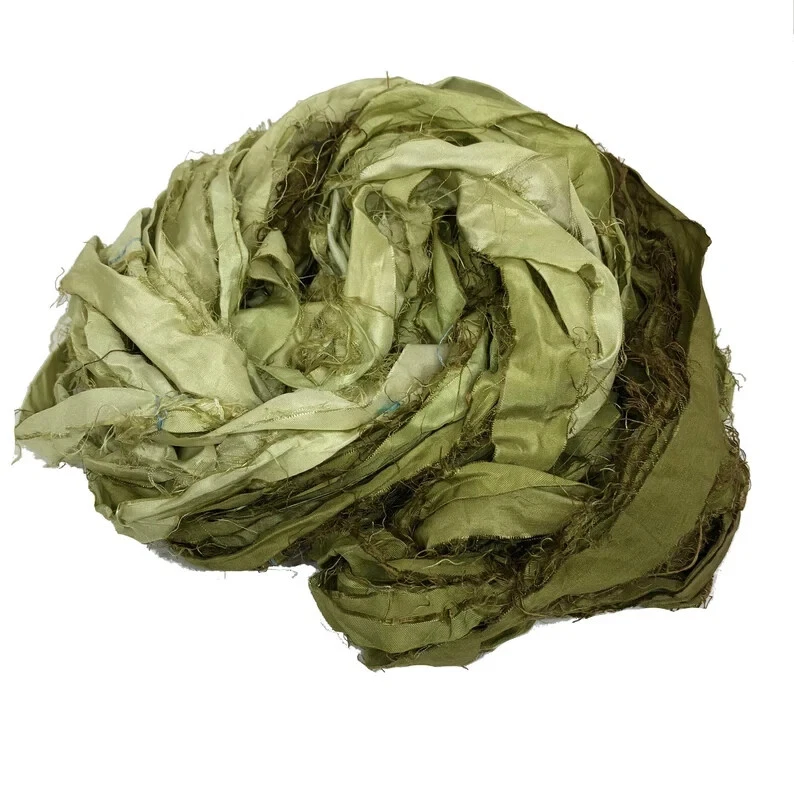 Recycled Sari Silk Ribbon - Olive Ombré - Sari Silk Ribbons - Silk Strips - Image 2 of 4