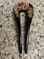 Vtg Celluloid Painted Flowers Hair Comb Pick Made In Taiwan Black