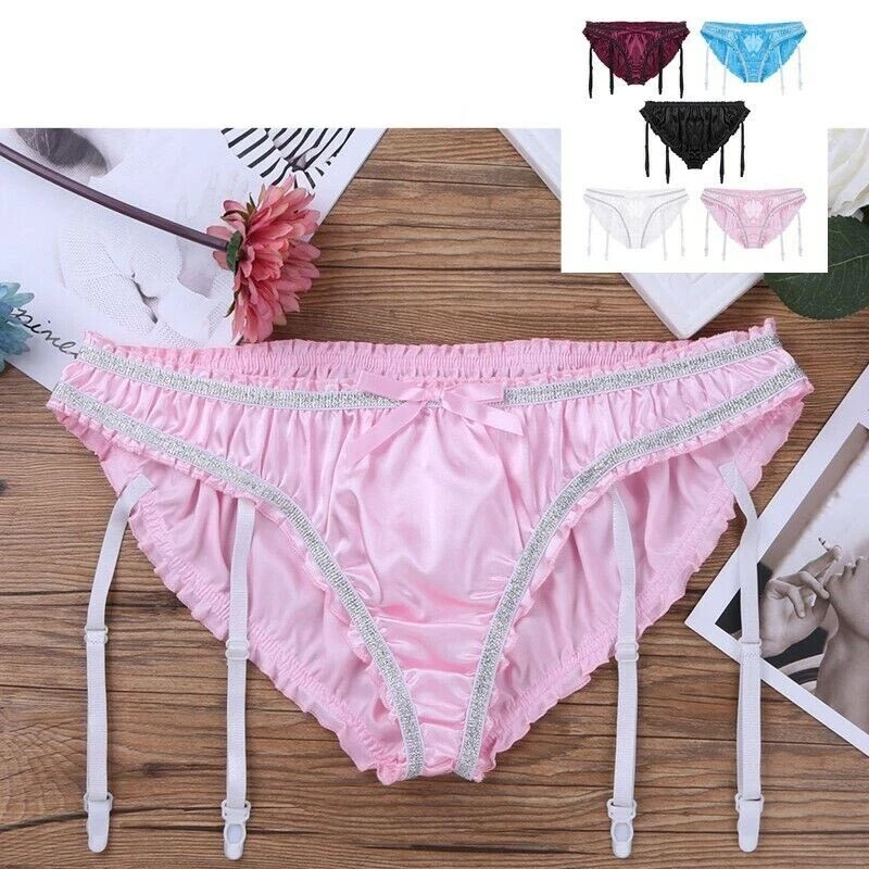 Mens Satin Lingerie Crossdress Panties Sissy Underwear with Garters G-string