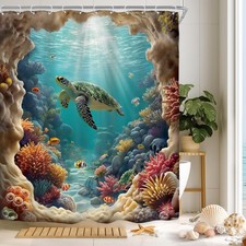 Beach Turtle Shower Curtain for Bathroom Decor 60Wx72H Coral Ocean Coastal Na...