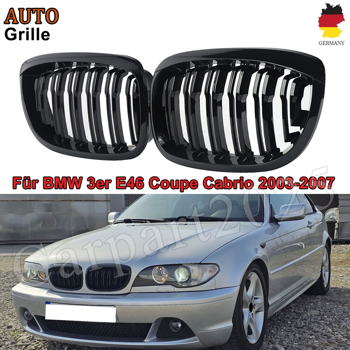 Rejilla radiador riñones doble puente negro brillante para BMW Serie 3 E46 2003-07 Coupé descapotable