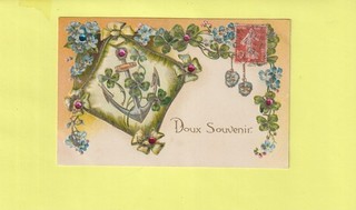 CPA GAUFREE COUSSIN AVEC ANCRE PERLES ROUGE GUIRLANDE MYOSOTIS TREFLES