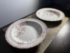 Dunn Bennett & Co May Blossom 8.75” Rimmed Soup Bowls Antique Gold Gilt c.1890