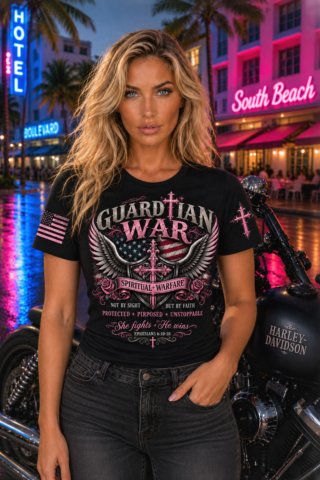 Camiseta cristiana Guardian War para mujer Guerra espiritual Fe Motociclista Camiseta gráfica