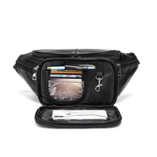 Genuine Leather Large 7 Pocket Waist Pack with Organizer, Card Slots Black 