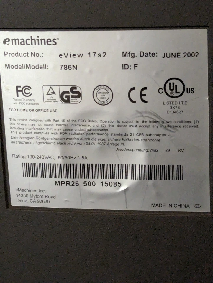 eMachines 786N 17-inch CRT Monitor eView 17s2 Computer Retro Gaming Anti-Glare - Image 3 of 4