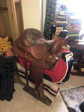 Western roping saddle 16" vintage basket weave full skirted circa 1970 FREE SHIP