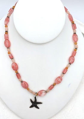 Vintage BARONI Necklace Pink Agate Beaded Starfish Sterling Pendant