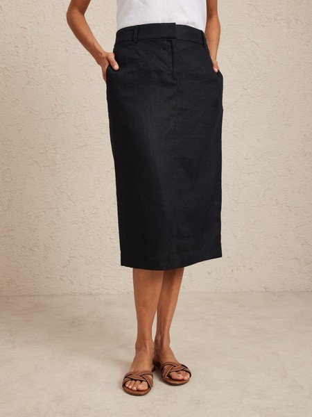 Jacqui E Black Column Midi Linen Skirt Size 12