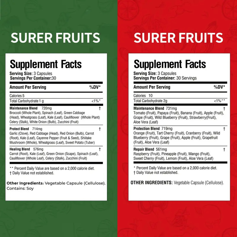 1 Set Fruits and Veggies Supplements - 90 Fruit Capsules, 90 Veggie Capsules New