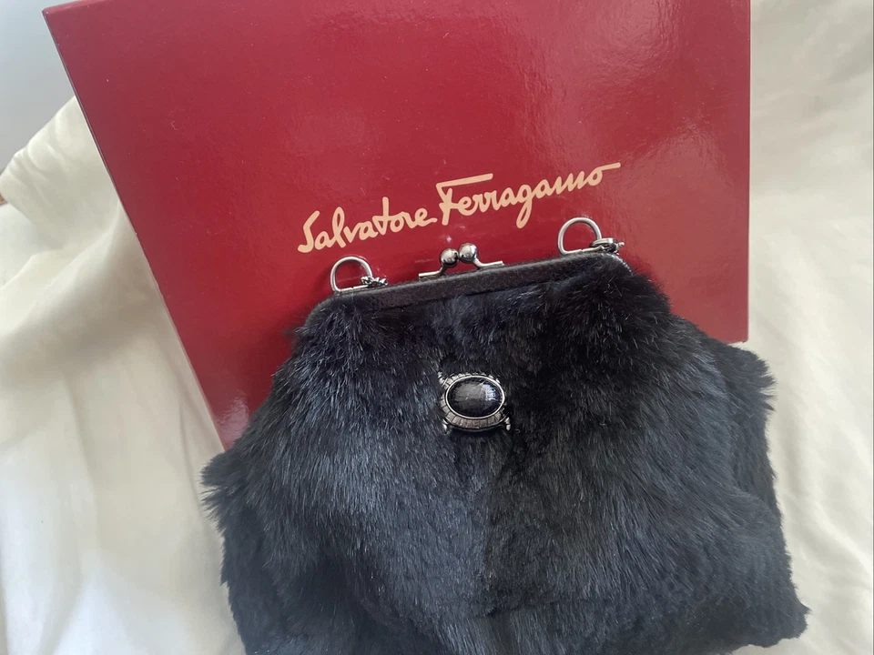 Salvatore Ferragamo Black Rabbit Fur Clutch Purse Turtle Detail Detachable Chain - Image 2 of 4