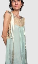 1920s Seafoam Silk Chiffon Flapper Dress With Lace Yoke  Ribbonwork