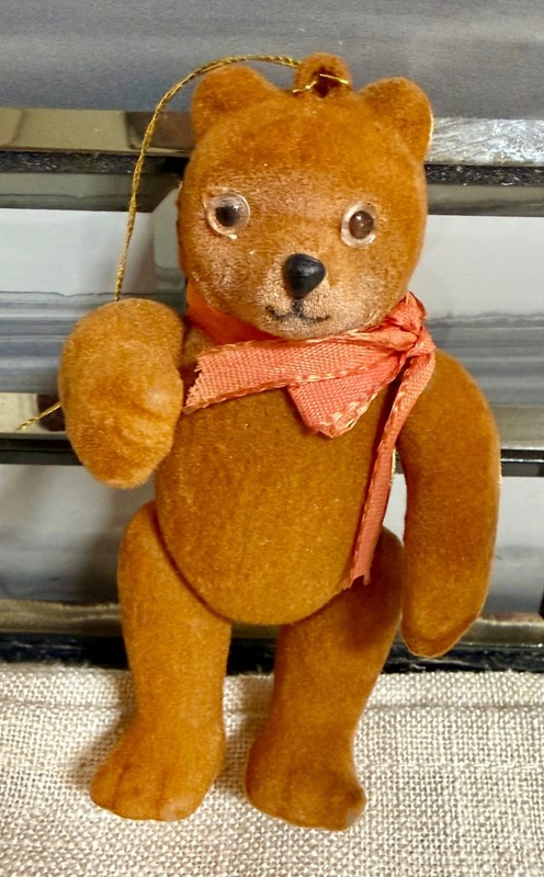 Vintage Flocked Teddy Bear Christmas Ornament Jointed Mini Bear Red Ribbon 4.5”
