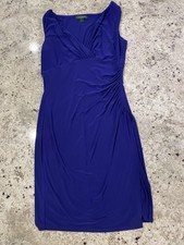 Lauren Ralph Lauren Women's 8 Sheath Dress Blue V-Neck Sleeveless Ruched Knit