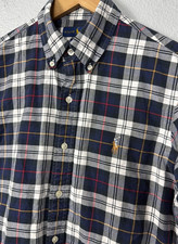 Ralph Lauren Men's Small Button Down Plaid Shirt Blue Long Sleeve Preppy Pony