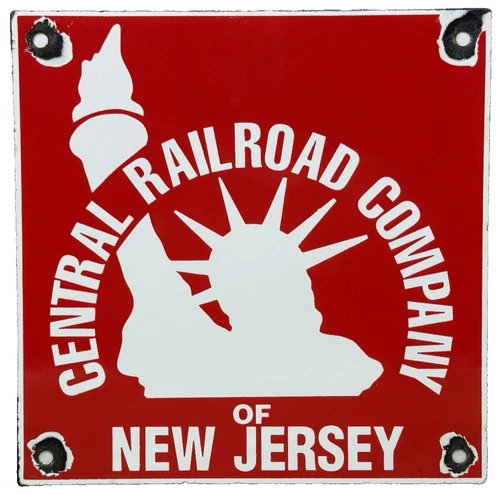 VINTAGE CENTRAL RAILROAD CO OF NEW JERSEY PORCELAIN SIGN TRAIN STATION GAS OIL