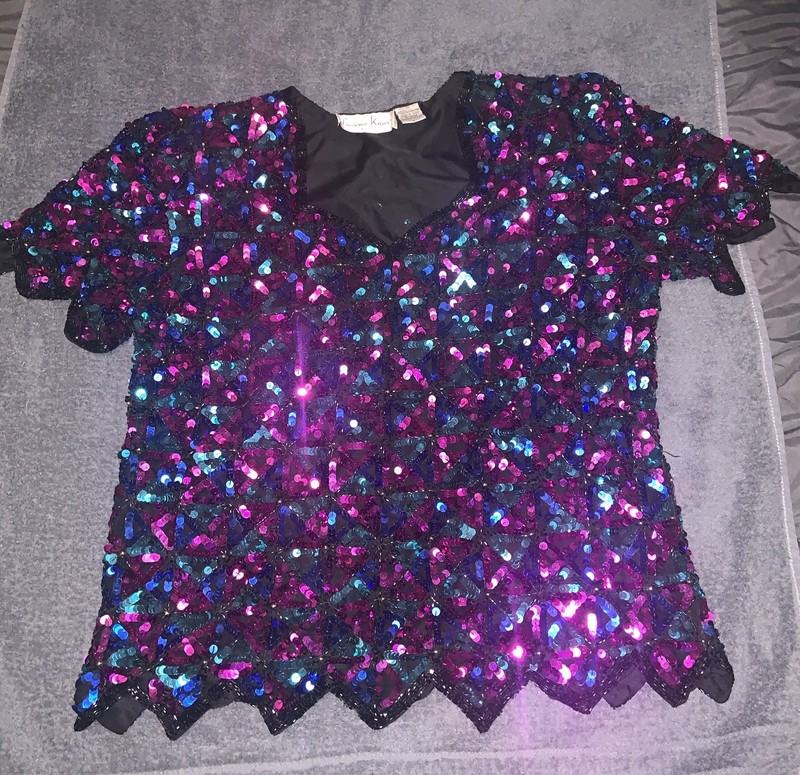Laurence Kazar New York Women’ Vintage Sequins Beaded Silk Purple Black Large