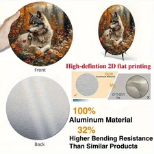 2D Flat, 1pc Autumn Flower Wolf Aluminum Wall Decor Sign - 2D Metal Round Plaque