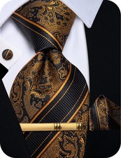 Mens Black Gold Paisley Tie Silk Striped Ties and Pocket Square Set Wedding P