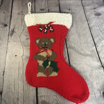 Vintage Handmade Crochet Knitted Holiday Stockings Christmas Teddy Bear 80s/90s