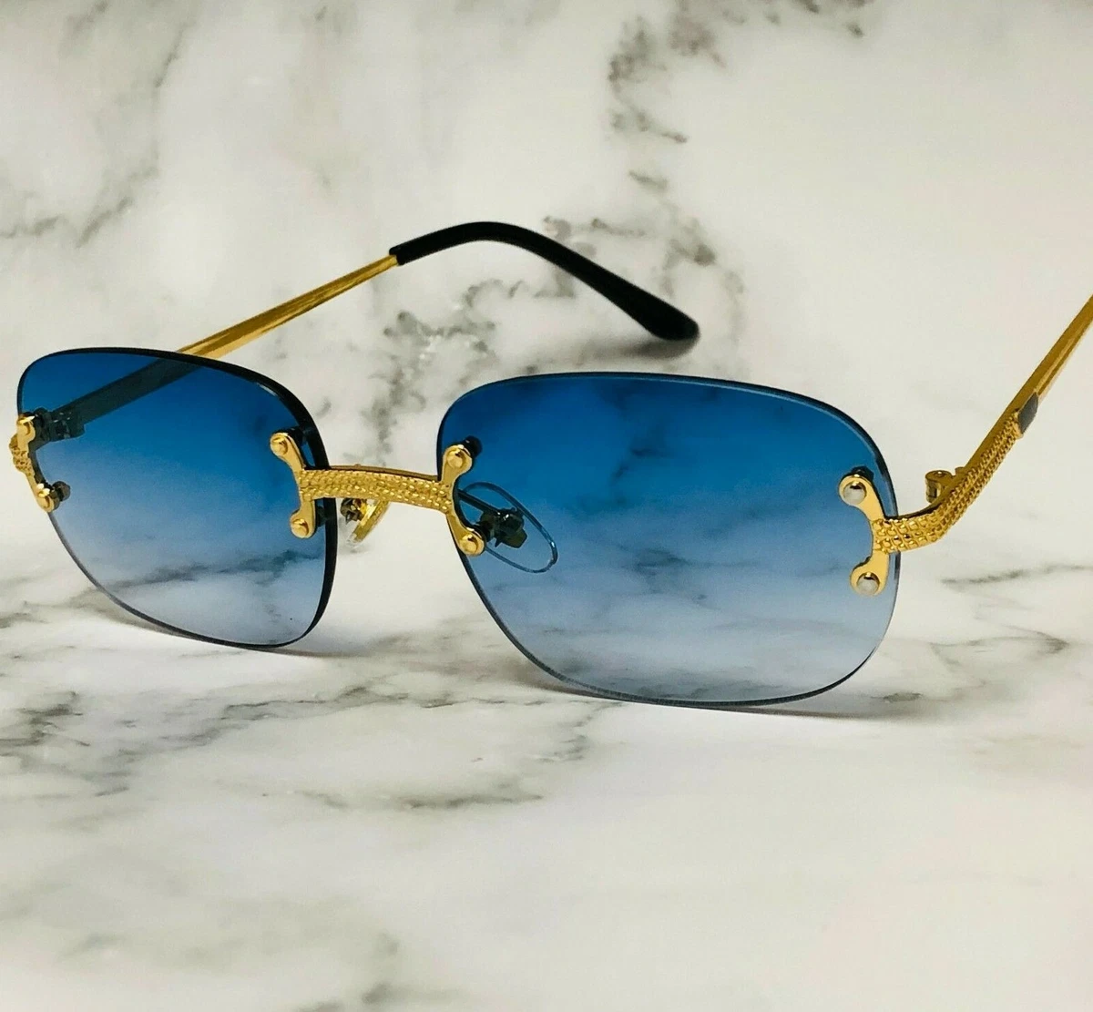 Designer Men Sunglasses Blue Lens Gold Metal Rimless Migos Hip Hop Eye  Glasses