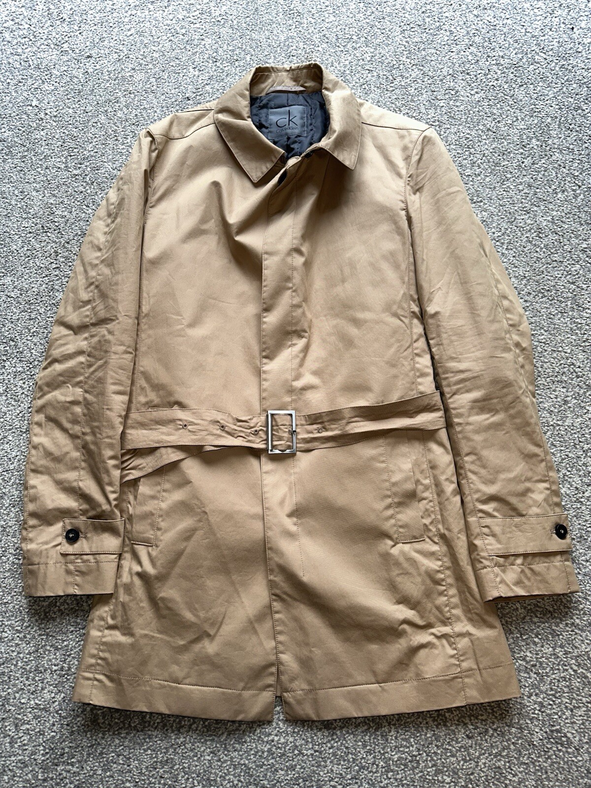 Womens CALVIN KLEIN Trench Coat, Size 10, Lined Beige Belted Long Button Up (72)