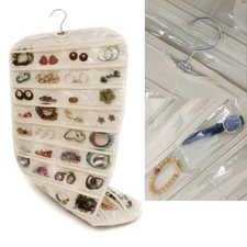 80 Pocket Hanging Jewelry Organizer Non-woven Fabrics Vinyl Metal Hanger Beige