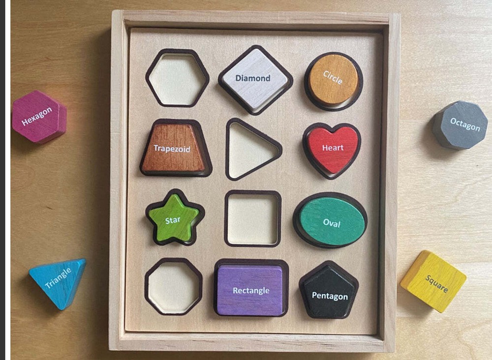 Wood Shape Sorter Puzzle 12 Chunky Wood Shapes with Name of Shape