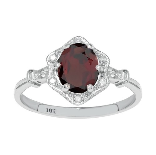 10k White Gold Vintage Style Genuine Oval Garnet and Diamond Halo Ring - 第 1/5 張圖片