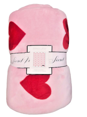 VICTORIA'S SECRET SHERPA BLANKET HEARTS PINK FLEECE THROW VALENTINES DAY 50''x60''