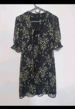 Womans Sz 8 Knee Length Dress DKNY Black Floral Tie Front Cottage Core Classy