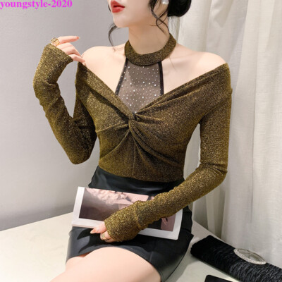 Western Womens Twist Halter Rhinestone Slim Party Cocktail Tops Shirts Blouse